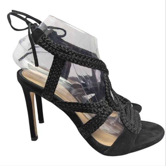 Gianni Bini Black Suede Braided Crochet Strappy Heels Womens 7 - Picture 1 of 7